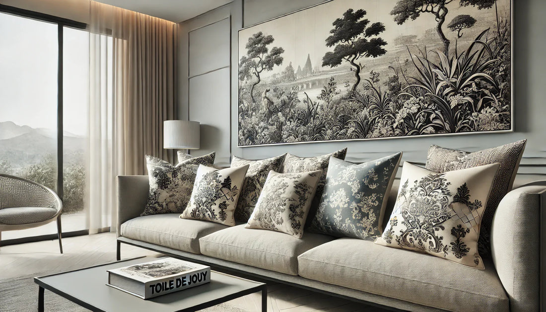 Salon moderne avec des coussins en toile de Jouy moderne sur un canapé minimaliste.