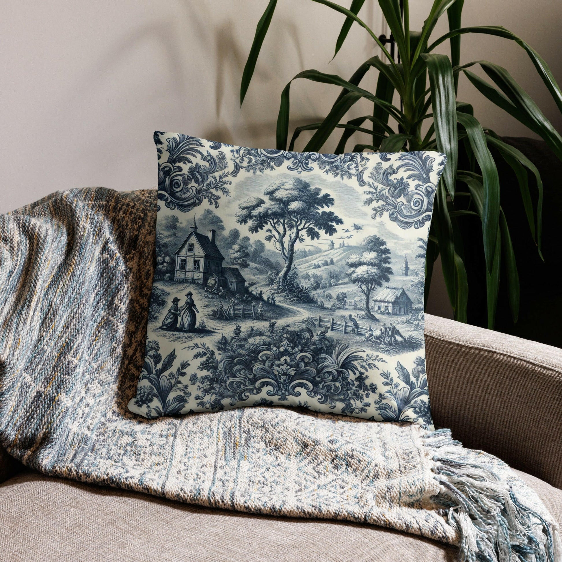 coussin toile de jouy bleu